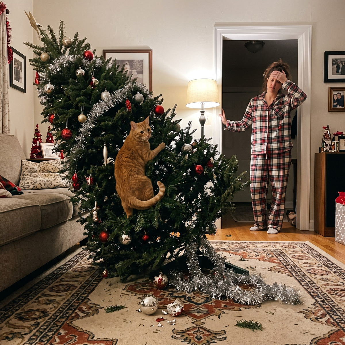 Cat climbing and knocking over the Christmas tree
