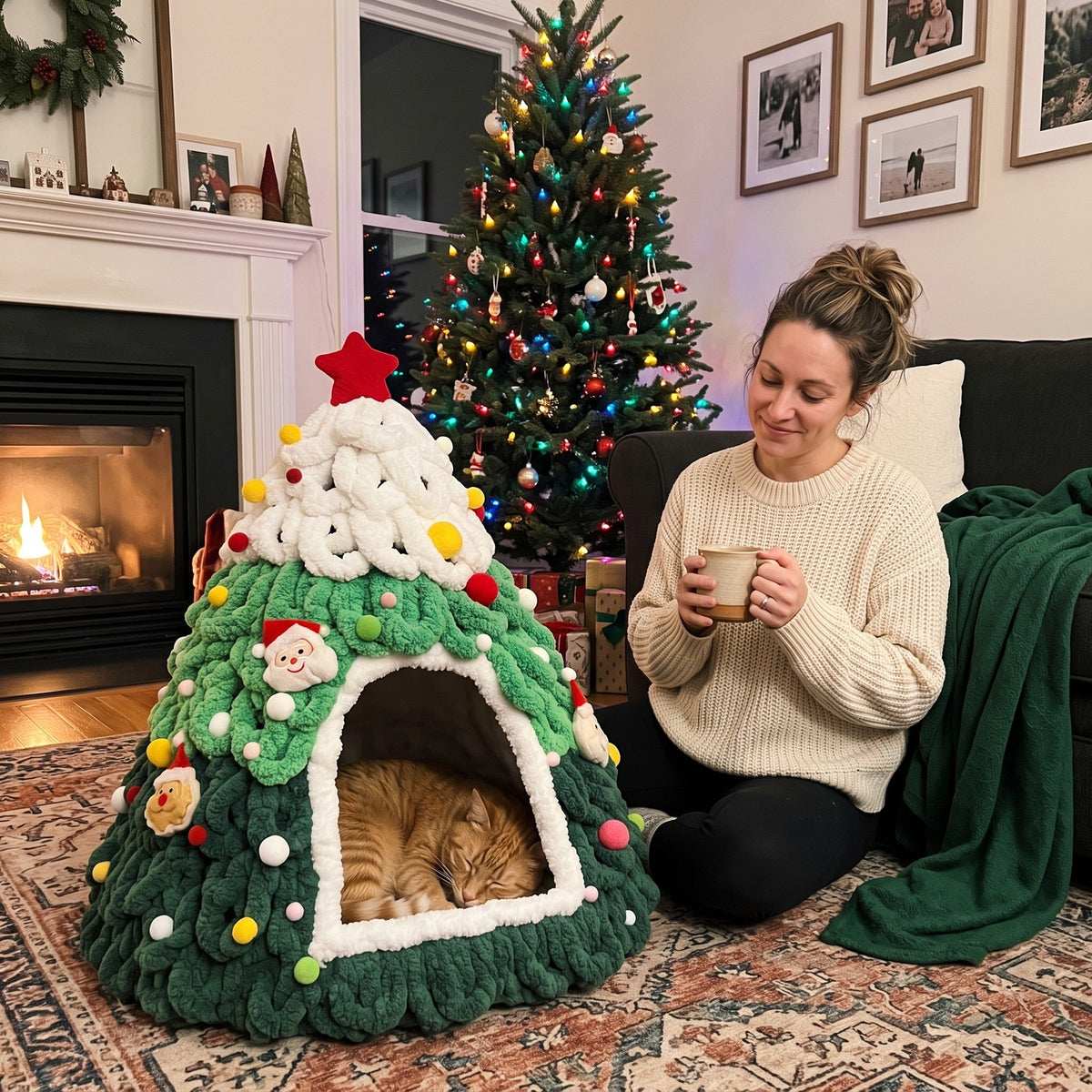 Cat asleep inside the Christmas tree cat bed