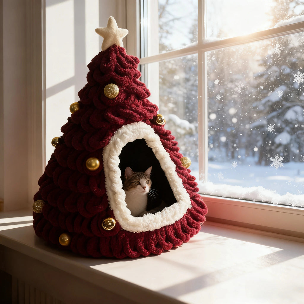 Cat inside the red Christmas tree cat bed by a snowy window