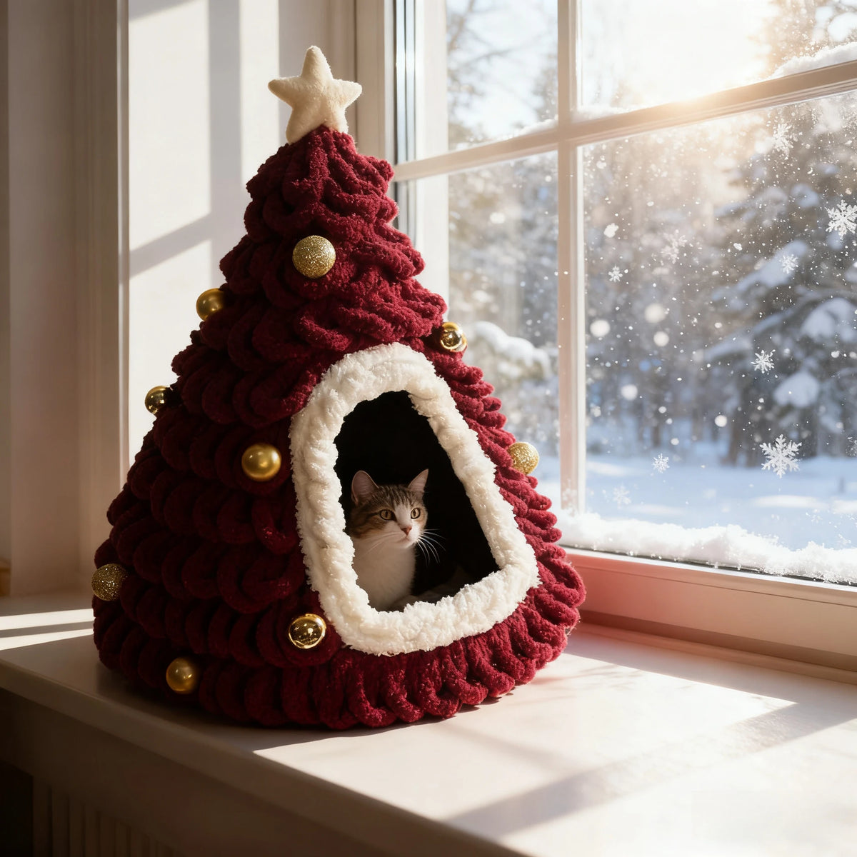 Cat inside the red Christmas tree cat bed by a snowy window