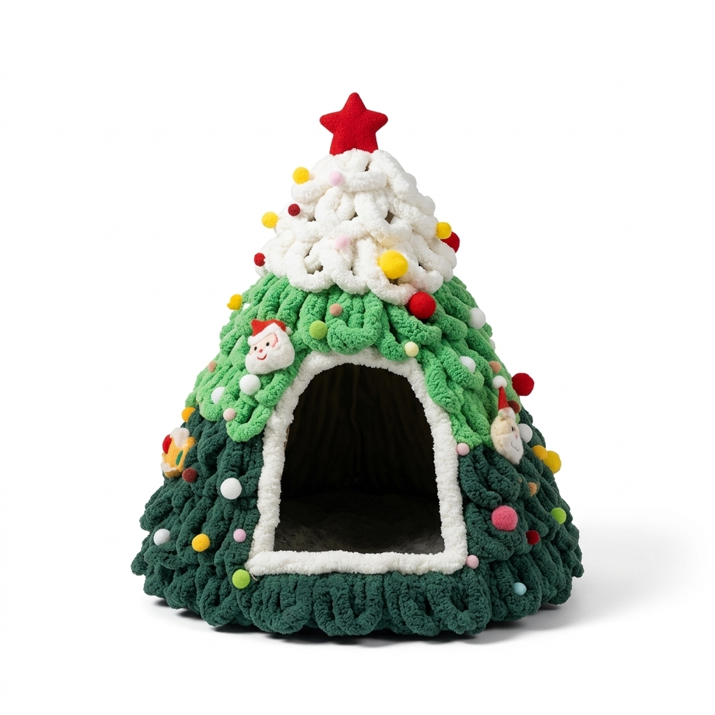 Green Christmas tree cat bed, hand-knit chenille