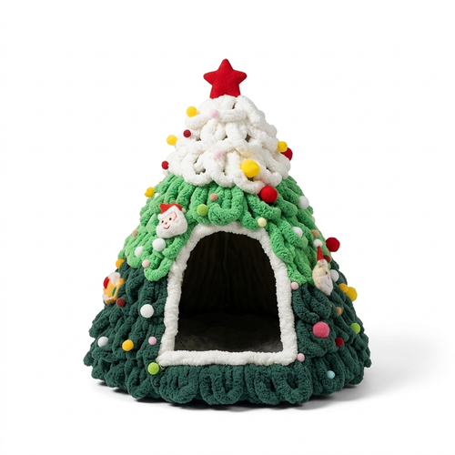 Green Christmas tree cat bed, hand-knit chenille
